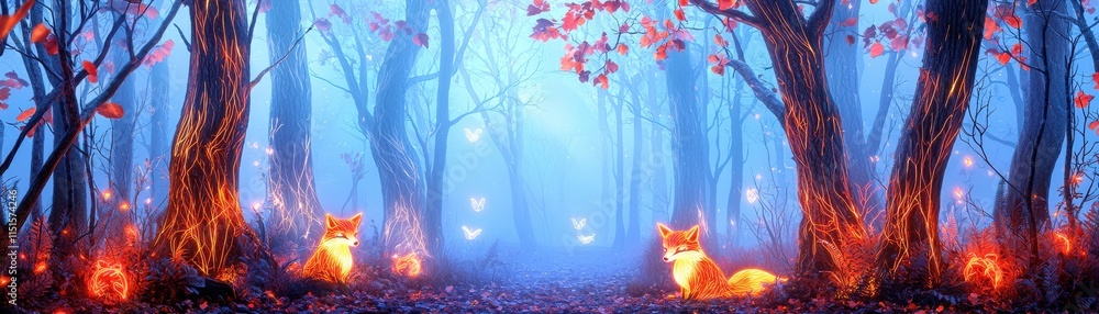 Poster a vibrant forest scene illuminated by ethereal light, featuring colorful foliage and glowing element