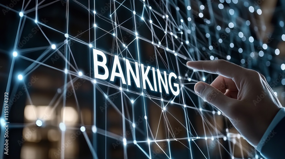 Poster a businessman holding a glowing banking label surrounded by a network of ai icons symbolizing artifi