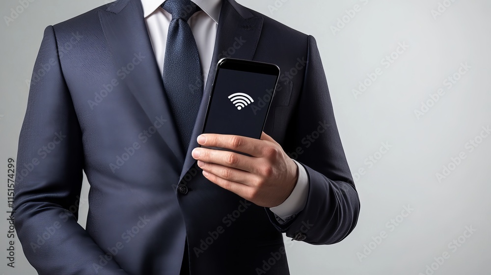 Poster a businessman holding a smartphone with a glowing wifi icon on the screen symbolizing seamless wirel