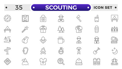 Scouting outline icons showing the equipment and activities for hiking, camping and outdoor education including fire, cooking, backpack, tent, canoe, compass, canteen, archery and lantern.