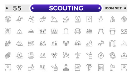 Scouting outline icons showing the equipment and activities for hiking, camping and outdoor education including fire, cooking, backpack, tent, canoe, compass, canteen, archery and lantern.
