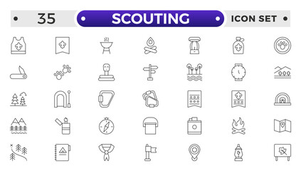 Scouting outline icons showing the equipment and activities for hiking, camping and outdoor education including fire, cooking, backpack, tent, canoe, compass, canteen, archery and lantern.