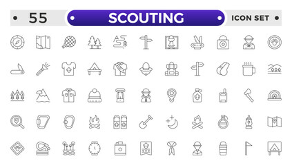 Scouting outline icons showing the equipment and activities for hiking, camping and outdoor education including fire, cooking, backpack, tent, canoe, compass, canteen, archery and lantern.