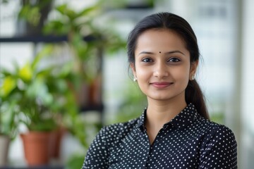 A woman with a black and white polka dot shirt is smiling for the camera