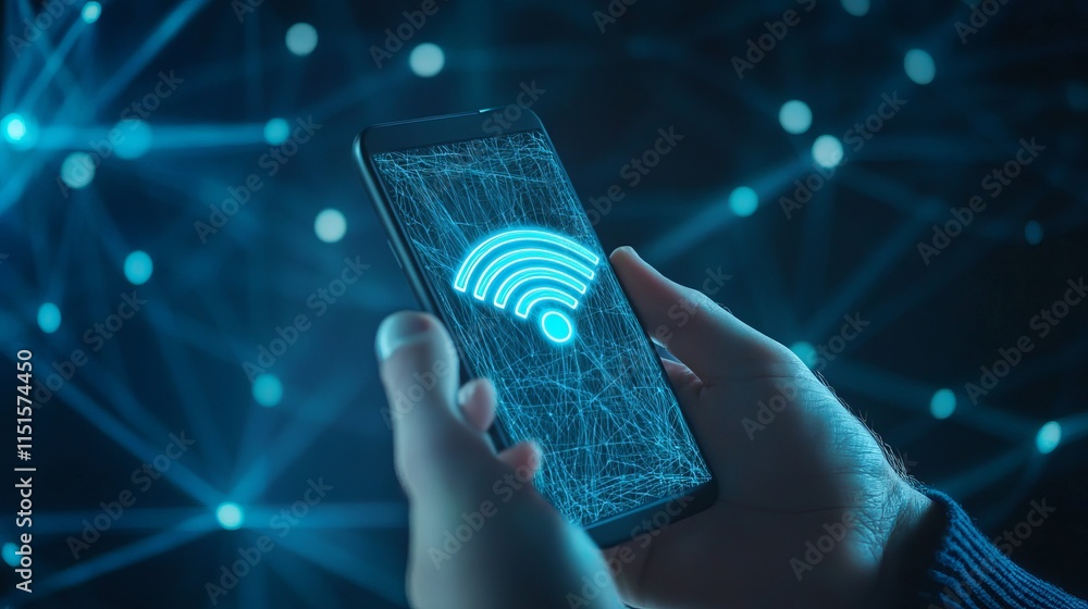 Poster a businessman holding a smartphone with a neon wifi symbol icon symbolizing digital innovation in wi