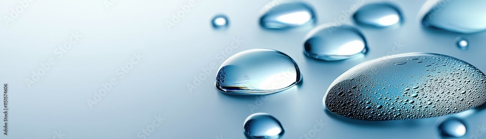Poster a serene close-up of water droplets on a smooth surface, reflecting light, creating a calming and re