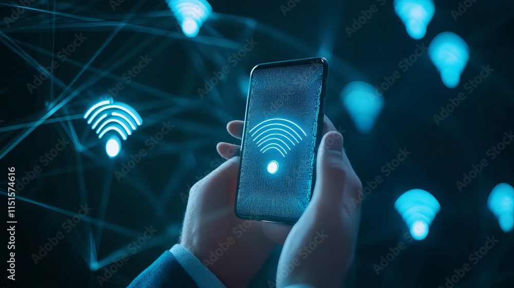 Poster a businessman holding a smartphone with a neon wifi symbol icon symbolizing digital innovation in wi