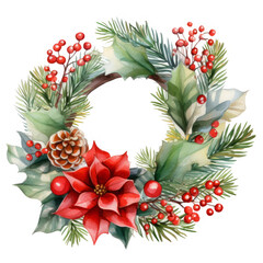 Fototapeta premium Watercolor Holly Berry Wreath Festive Winter Decor