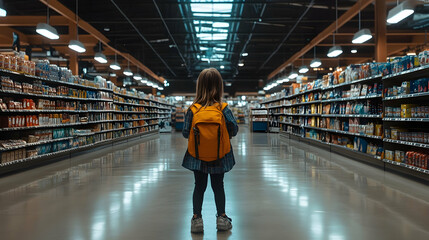 Girl Supermarket Aisles Shopping Grocery Store Back View.