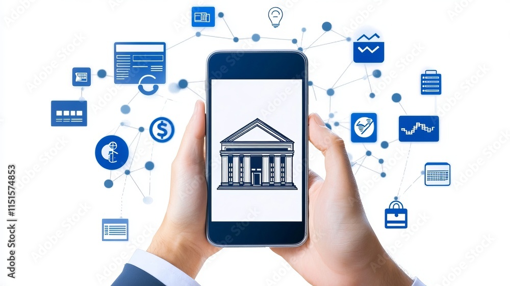 Poster a businessman interacting with a smartphone with virtual icons representing digital banking financia