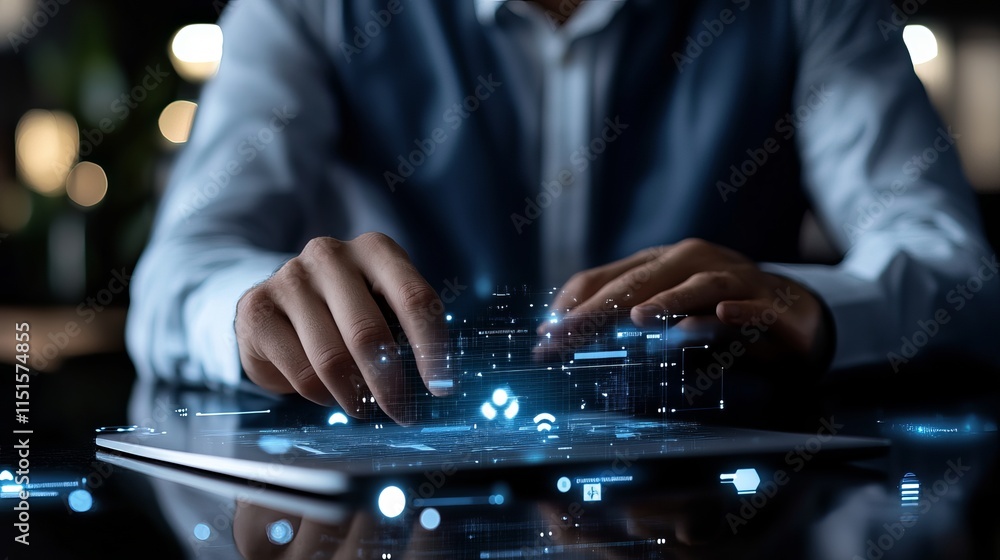 Poster a businessman interacting with a floating 3drendered interface for a free wifi hotspot on a blurred 