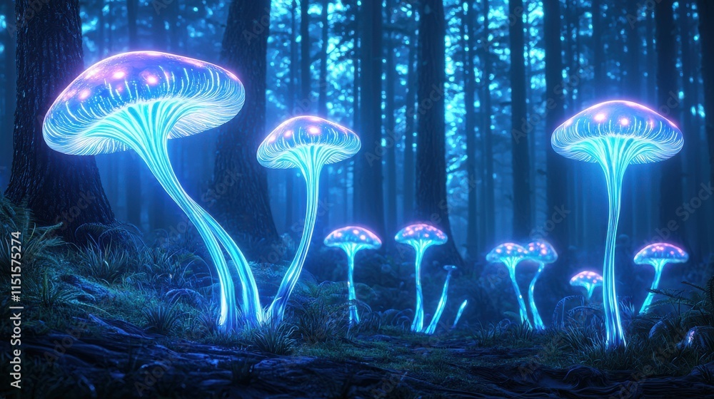 Poster a glowing cluster of mystical mushrooms illuminates a dark forest, creating an enchanting and otherw
