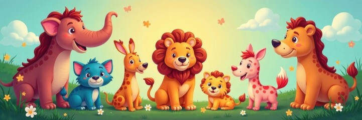 Fototapeta premium Cartoon animal vector illustration set with diverse big animals in colorful backgrounds , vectors, diversity