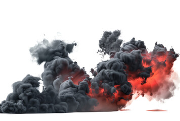 Red fire and dark black smoke isolated on transparent background with particles 