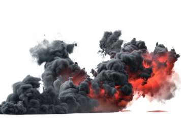 Red fire and dark black smoke isolated on transparent background with particles 
