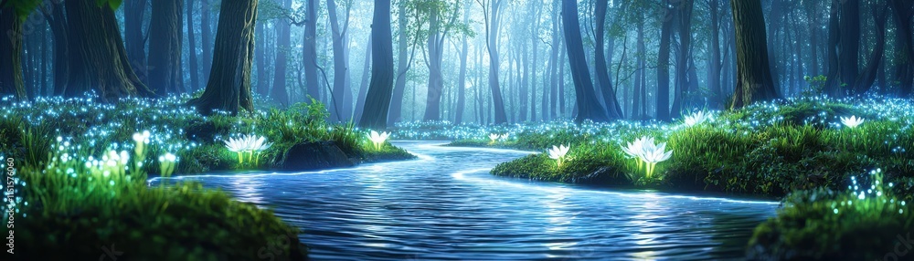 Poster a serene forest scene featuring a shimmering stream and illuminated flowers, creating a magical, tra