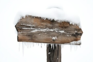 a wooden sign covered in snow and icicles