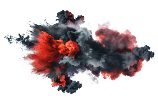 Red fire and dark black smoke isolated on transparent background with particles 