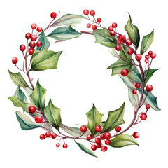 Watercolor Holly Berry Wreath Festive Winter Decor