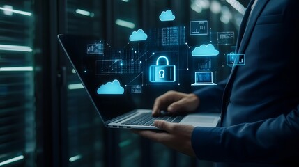 Obraz premium A cybersecurity concept with a businessman using a laptop displaying a digital padlock hologram emphasizing data protection cloud computing and secure networking