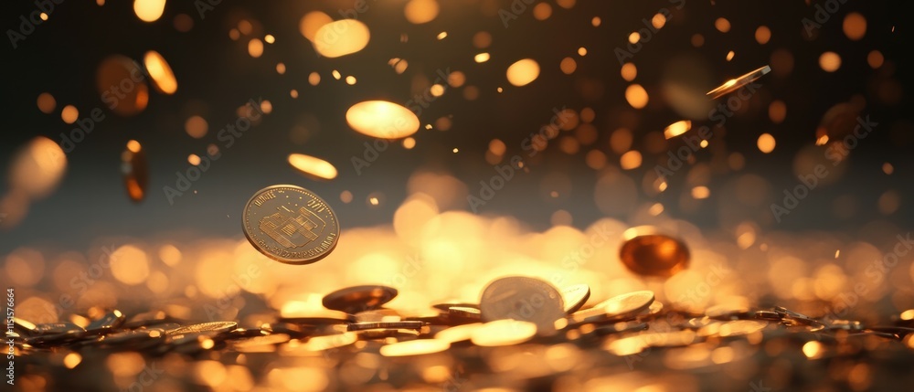 Poster golden coins falling in sparkling background with bokeh effect