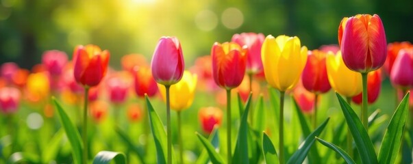 Colorful tulips in a sunny meadow with blooming spring flowers and green grass, garden, bloom