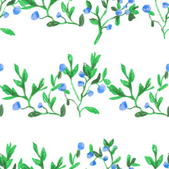 Blueberries with green leaves wax crayons seamless pattern on white isolated background. Textural and botanical repeating pattern. Design for textiles, wrapping paper and wallpaper.