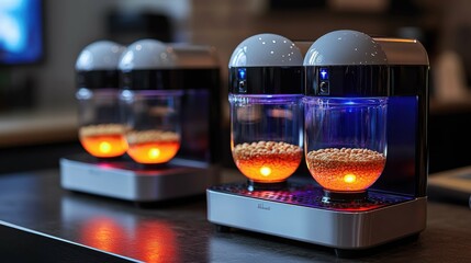 A modern food tech device with illuminated containers showcasing molecular gastronomy techniques. Ideal for sustainable and smart cooking.