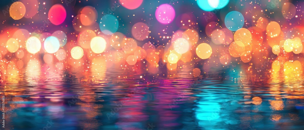 Poster colorful abstract bokeh background with reflections on a water surface