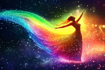Naklejka premium Colorful silhouette of a woman surrounded by vibrant cosmic energy at night