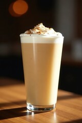 Creamy white milk tea with a thick layer of frothy foam on top, texture, milk tea