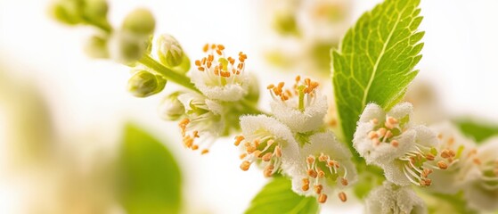 a branch with white flowers and green leaves