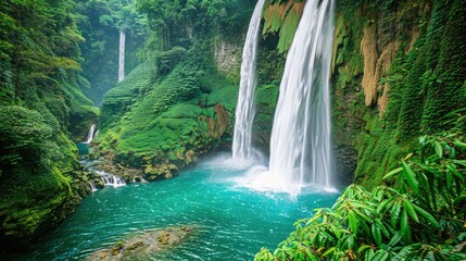 Fototapeta premium A stunning view of a waterfall cascading into a turquoise pool, surrounded by lush green vegetation