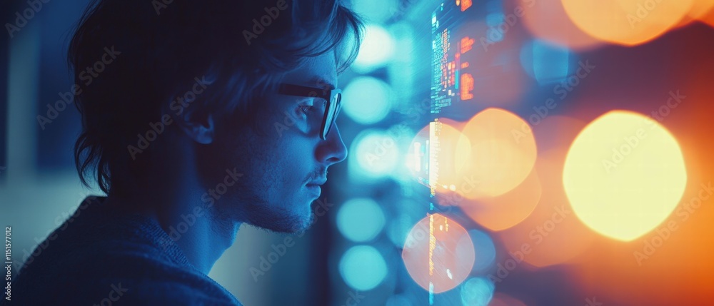 Poster focused individual analyzing data on a futuristic digital interface