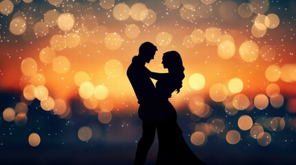 Romantic silhouette of couple embracing against colorful bokeh background