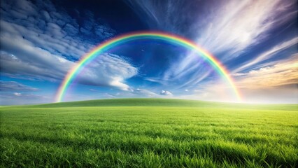 Obraz premium Serene Landscape Featuring a Vibrant Rainbow Arcing Over Lush Green Field Under a Dramatic Sky
