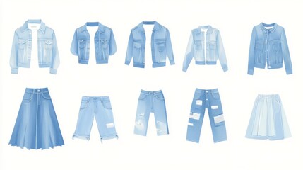 85.Stylish vector illustration of a denim clothing collection, featuring a mix of jeans, jacket, shirt, skirt, and shorts; each piece is drawn in flat style with subtle texture, perfect for trendy