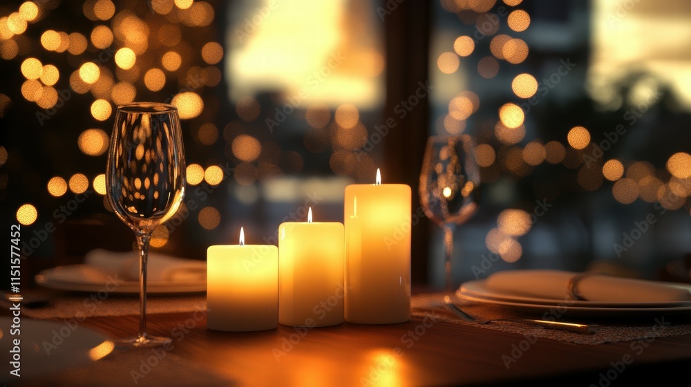 Aufkleber romantic table setting with candlelight and bokeh background at sunset