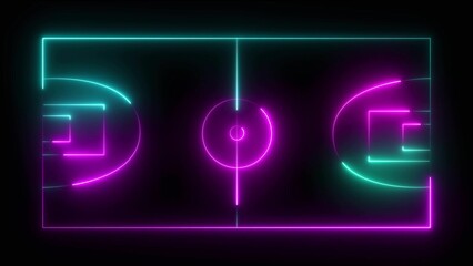 neon soccer field scheme, football playground, virtual sportive game, Red glowing line. Isolated on black background.