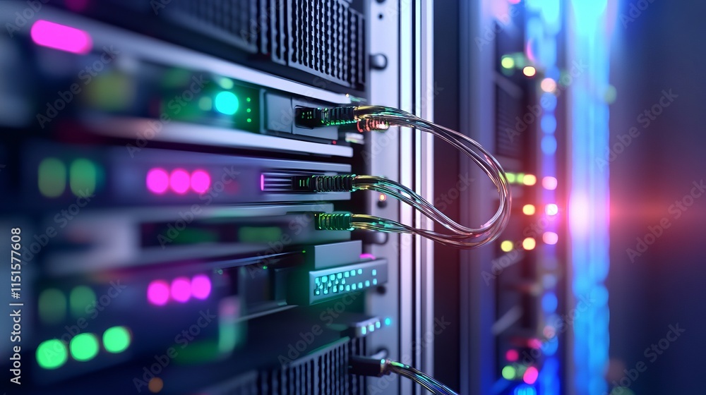Poster a fiber optic connector interface plugged into a fibre channel switch with servers visible in a rack