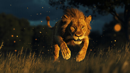 running lion during midnight in a grassfield with a eye-level angle 