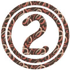 Stylized number two design featuring intricate fabric print background