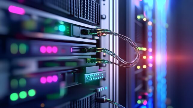 A fiber optic connector interface plugged into a Fibre Channel switch with servers visible in a rack at a bustling data center accompanied by slight noise for realism