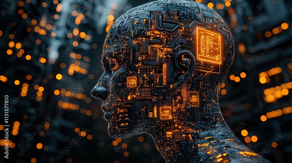 Poster cybernetic head profile against city lights bokeh background futuristic robotic design with glowing 