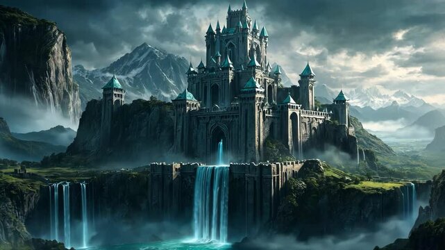 Video footage of majestic castle with multiple towers and spires sits atop a cliff, surrounded by mountains and waterfalls, under a dramatic, cloudy sky