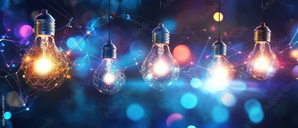 Aufkleber glowing light bulbs against a colorful bokeh background with network elements