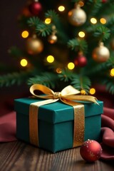 Elegant golden gift box on velvet beside Christmas tree, fireplace, luxury, ornaments