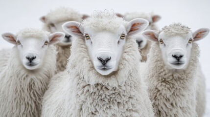 Five fluffy white sheep staring directly at the camera against a white background.