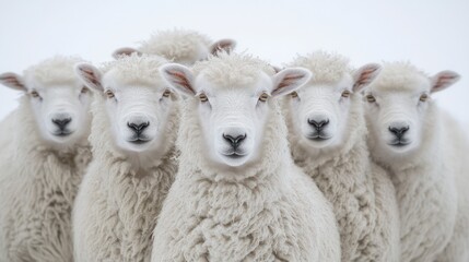 Six fluffy white sheep standing closely together, looking directly at the camera against a white background.