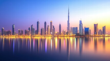 Obraz premium Stunning Night View of Dubai Skyline with Vibrant Colors and Reflections